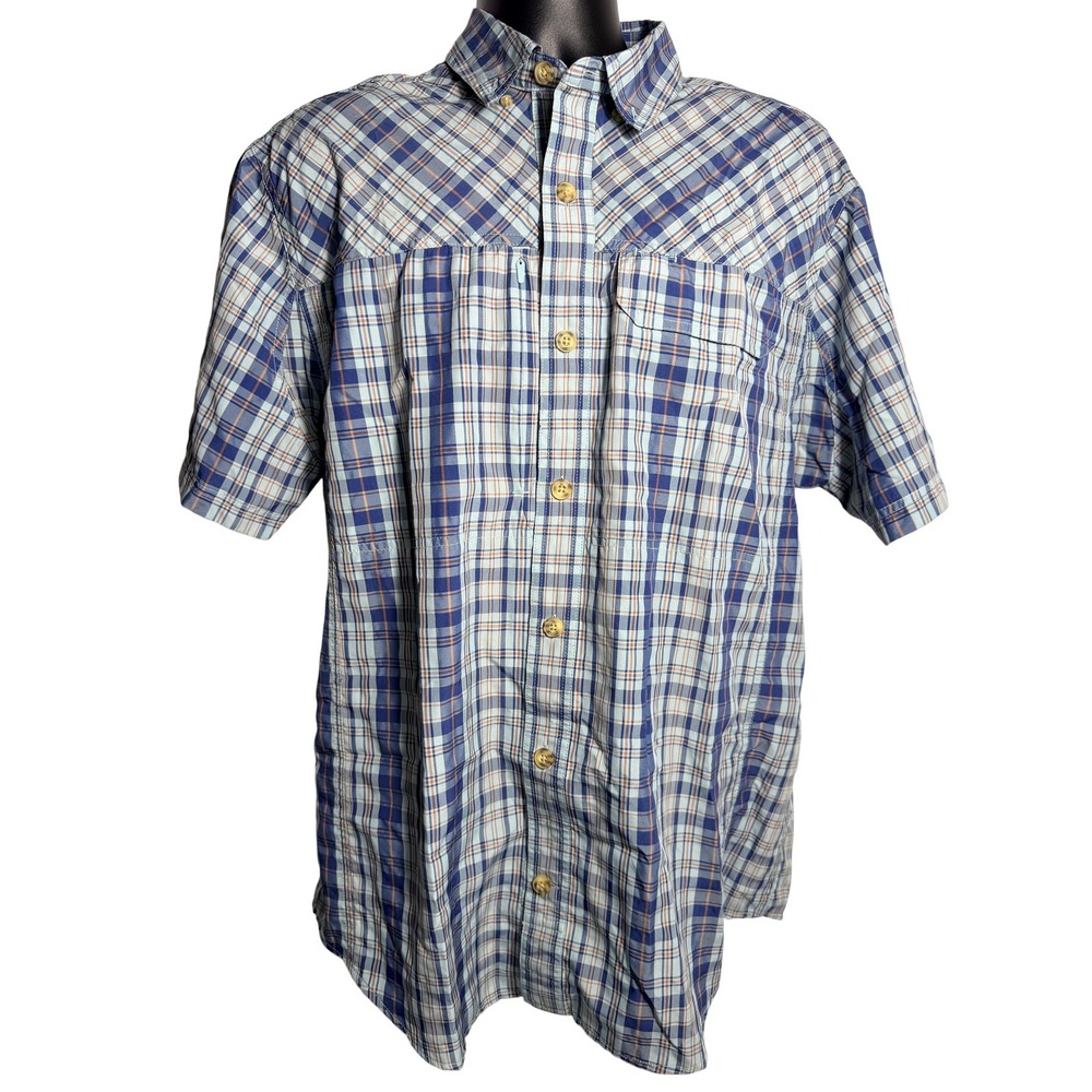Duluth Trading Co Shirt Mens Large Blue Plaid Fishing Short Sleeve Button Up